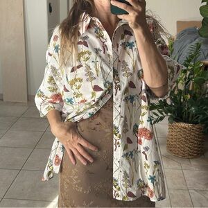 Anthropologie Floral Cotton Oversized Cottagecore Botanical Button-Up Top, M